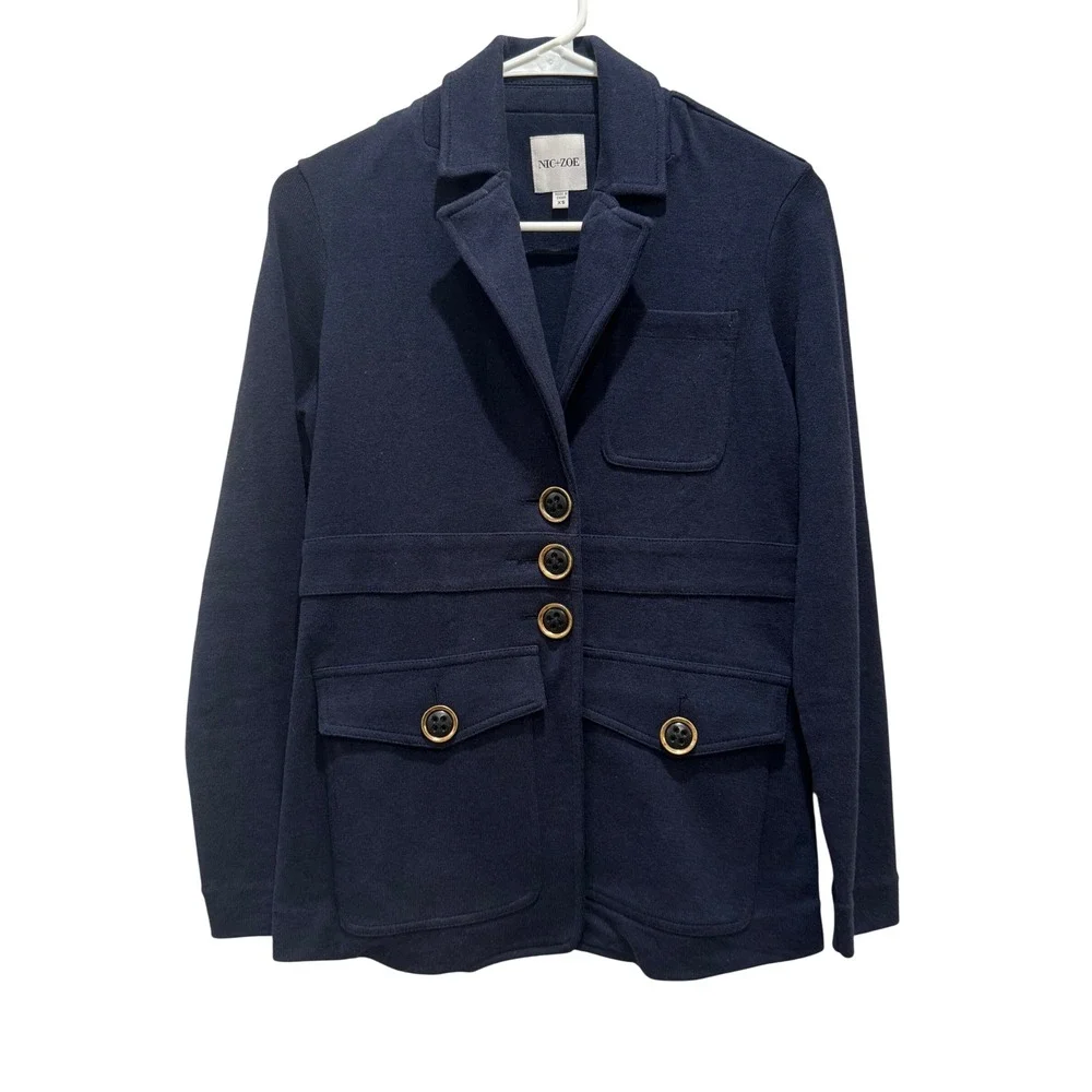 NIC+ZOE Knit Blazer Women XS Navy Blue 3-Button Flap Pocket Cardigan‎ Coastal